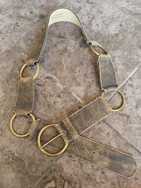 Vintage Rustic Genuine Leather Belt With Brass Rings Hoops Brown Grey